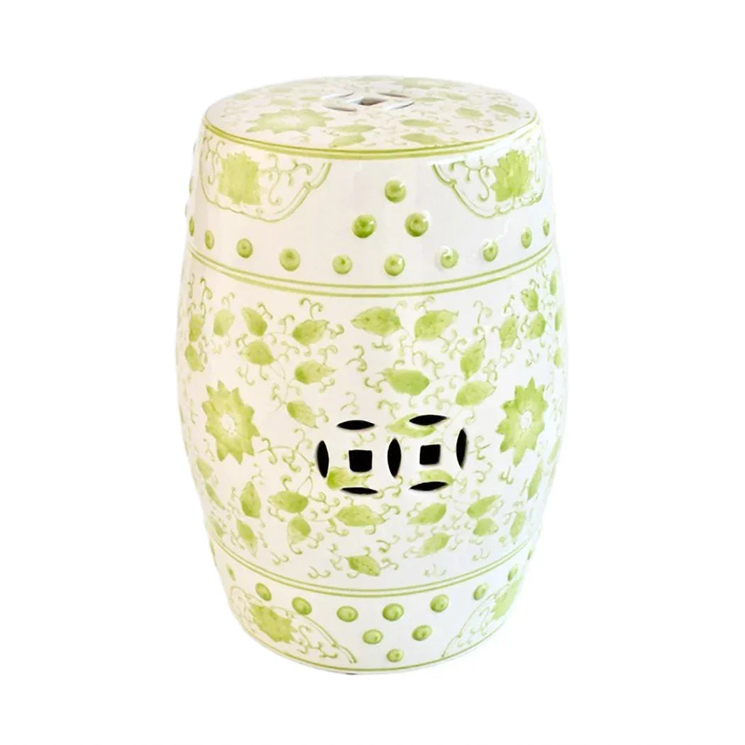 Garden Stool - Lime Green Flowers &amp; Vines - Ceramic