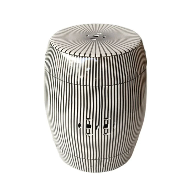 Garden Stool - Pinstripe Black &amp; White 47cm - Ceramic