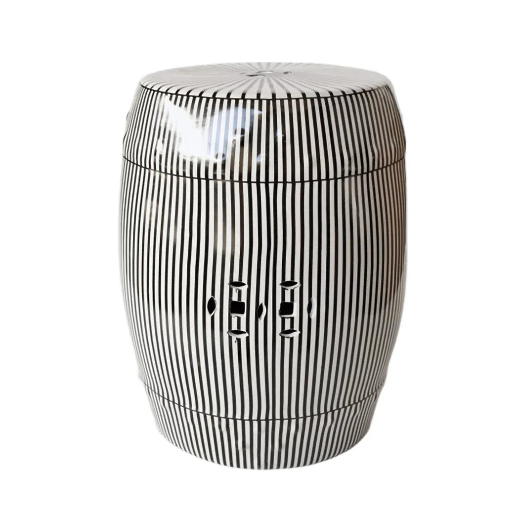 Garden Stool - Pinstripe Black &amp; White 47cm - Ceramic