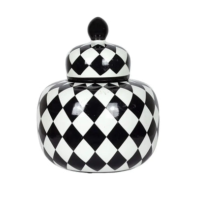 Ginger Jar - Black & White Check Fatty 25cm - Ceramic