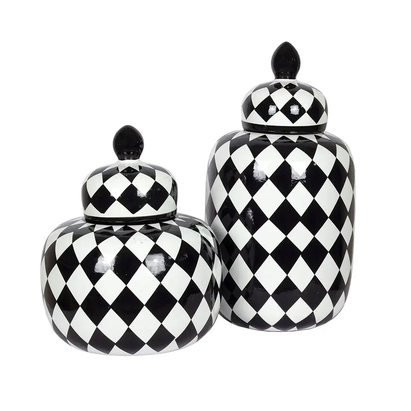 Ginger Jar - Black & White Checkered 33cm - Ceramic