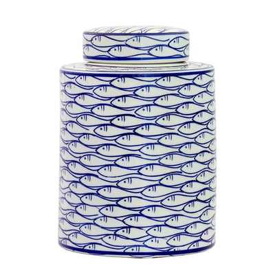 Ginger Jar - Blue & White Fishes Cylinder 27.5cm - Ceramic