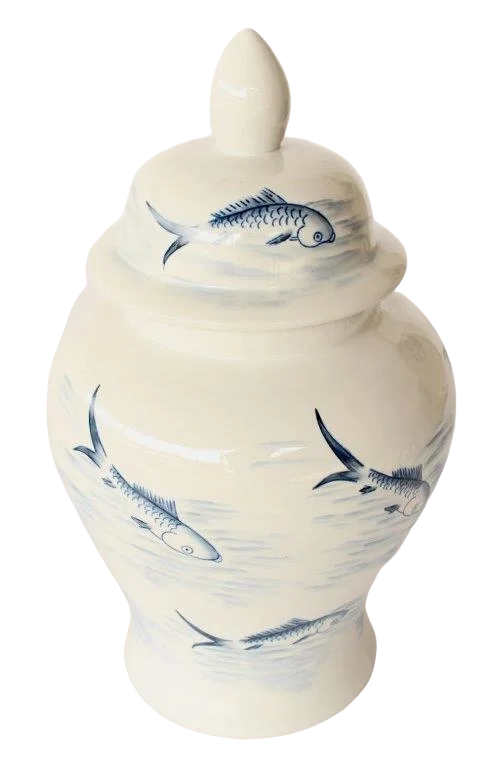 Ginger Jar - Blue &amp; White Koi - Ceramic