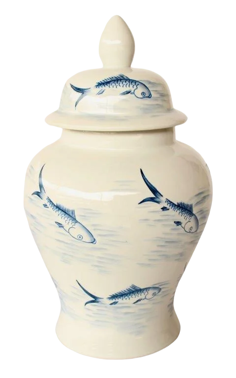 Ginger Jar - Blue &amp; White Koi - Ceramic