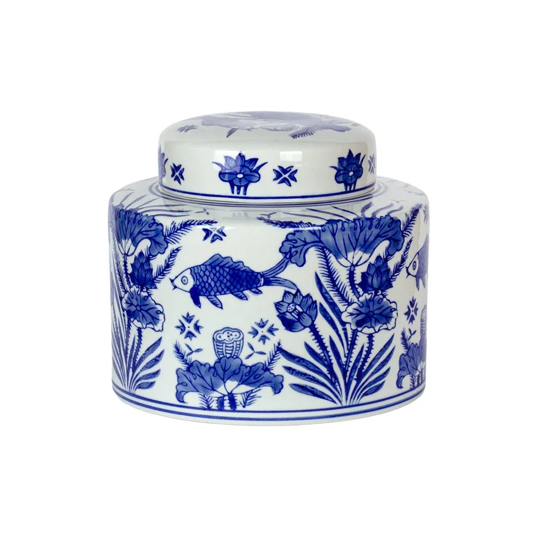 Ginger Jar - Blue &amp; White Koi Cylinder 17cm - Ceramic