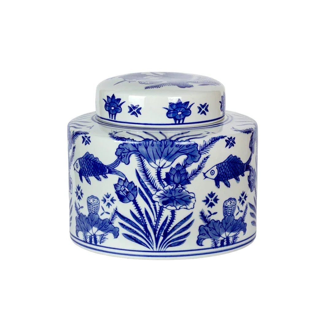 Ginger Jar - Blue &amp; White Koi Cylinder 17cm - Ceramic