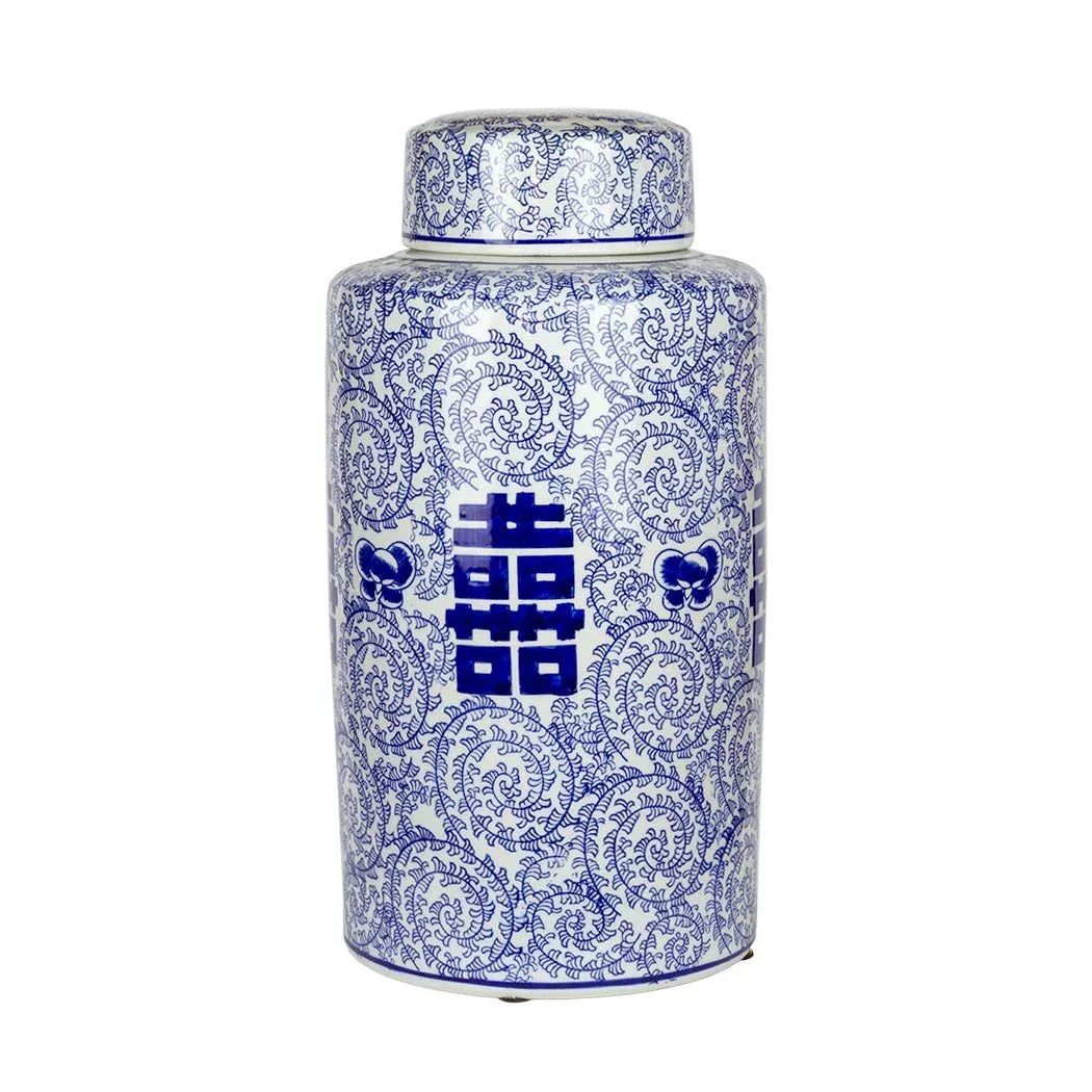 Ginger Jar - Blue &amp; White Oriental Vines Cylinder 39cm
