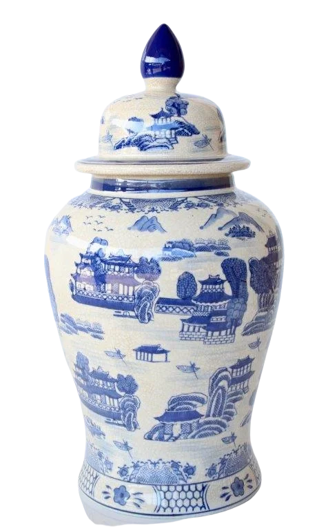 Ginger Jar - Blue &amp; White Pagodas Cracked Glaze XL - Ceramic