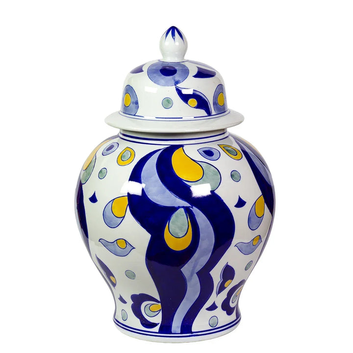 Ginger Jar - Blues &amp; Yellow Flowing - Ceramic