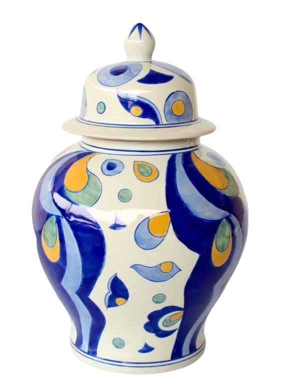 Ginger Jar - Blues &amp; Yellow Flowing - Ceramic