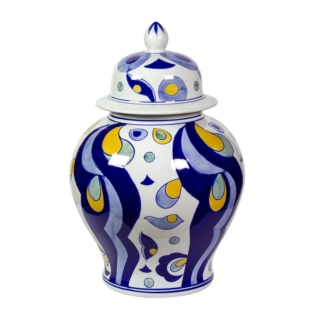 Ginger Jar - Blues &amp; Yellow Flowing - Ceramic