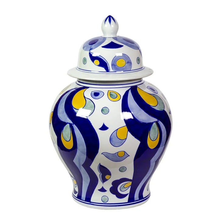 Ginger Jar - Blues &amp; Yellow Flowing - Ceramic