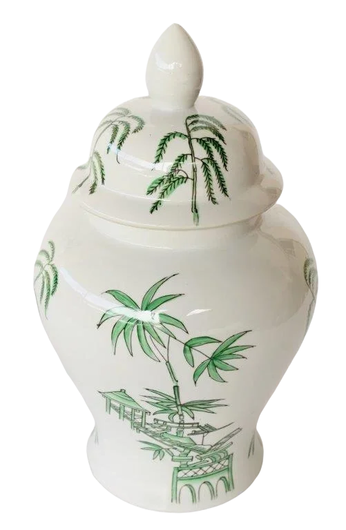 Ginger Jar - Green & White Bamboo - Ceramic