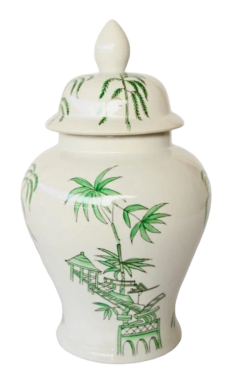 Ginger Jar - Green & White Bamboo - Ceramic