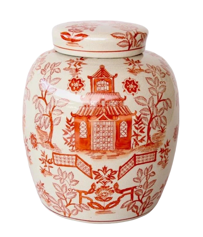 Ginger Jar - Pagoda Orange Cracked Glaze Flat Top - Ceramic