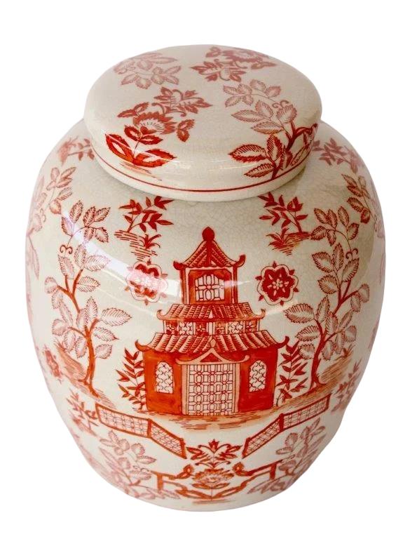 Ginger Jar - Pagoda Orange Cracked Glaze Flat Top - Ceramic