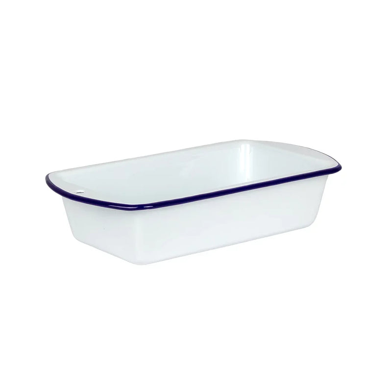 Loaf Pan - Enamel White Blue Rim - Enamel