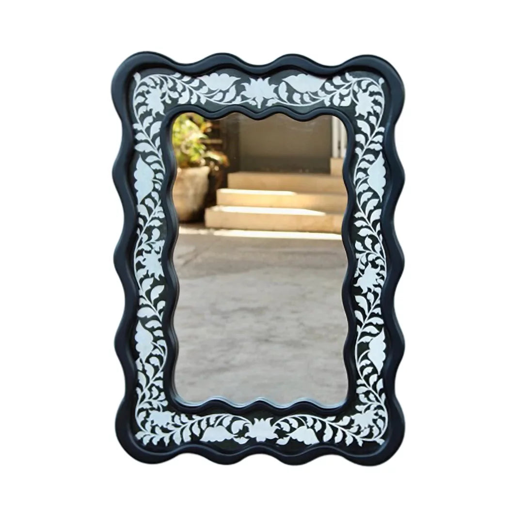 Wall Mirror - Black &amp; White Wooden Scalloped