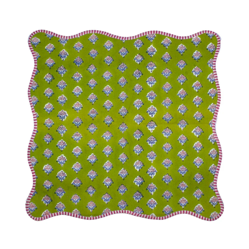 Napkin - Fleur Green Scalloped Edge - Linen