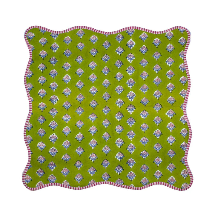 Napkin - Fleur Green Scalloped Edge - Linen