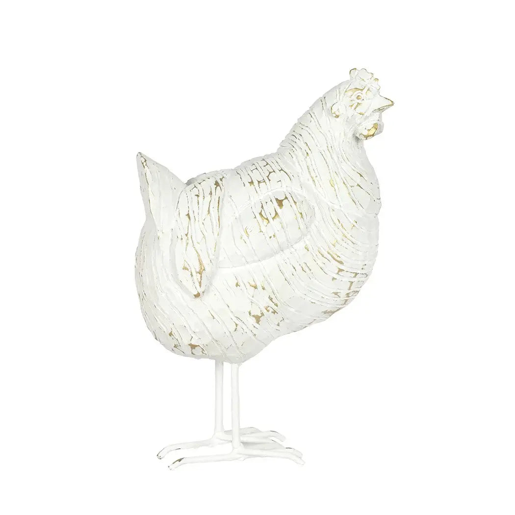 Ornament - Distressed White &amp; Gold Hen - Resin