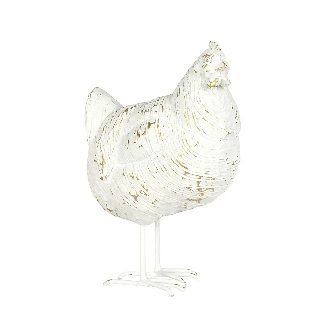 Ornament - Distressed White &amp; Gold Hen - Resin