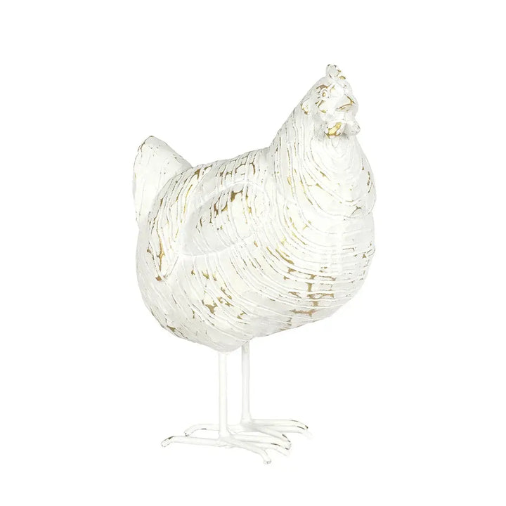 Ornament - Distressed White &amp; Gold Hen - Resin