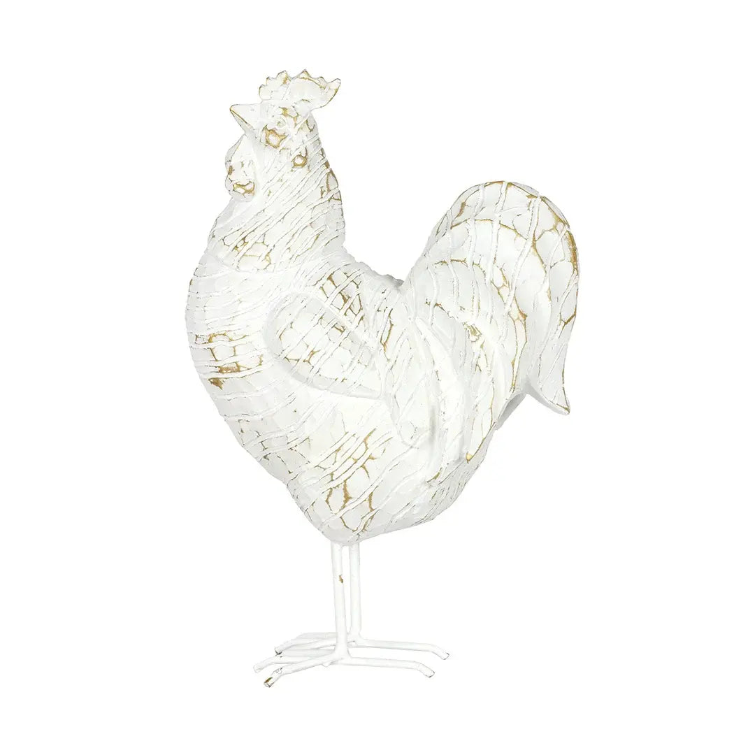Ornament - Distressed White &amp; Gold Rooster - Resin