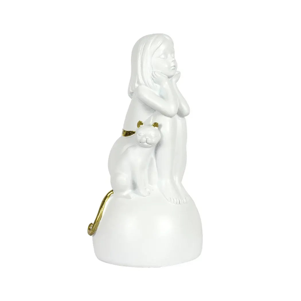 Ornament - Girl with Cat White &amp; Gold - Resin
