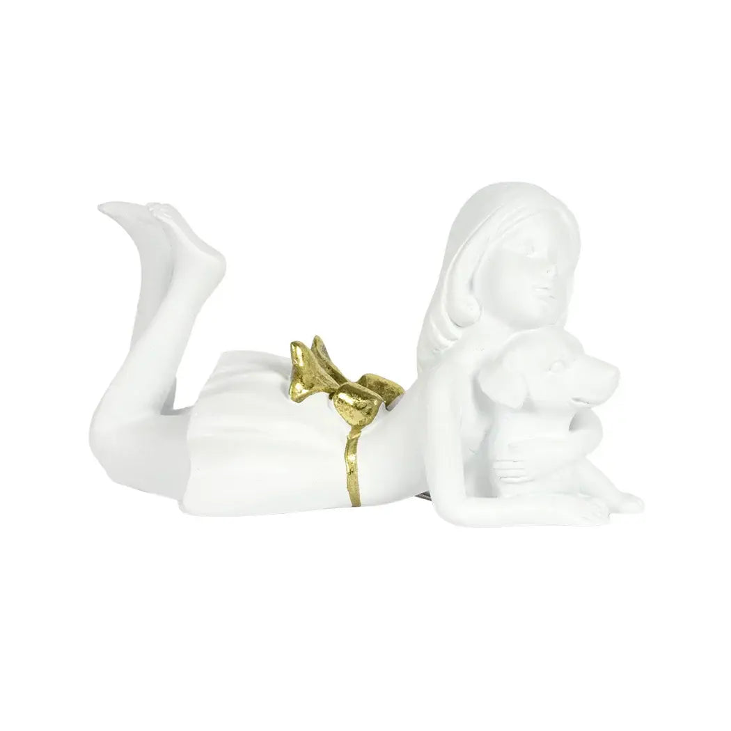 Ornament - Girl with Dog White &amp; Gold - Resin