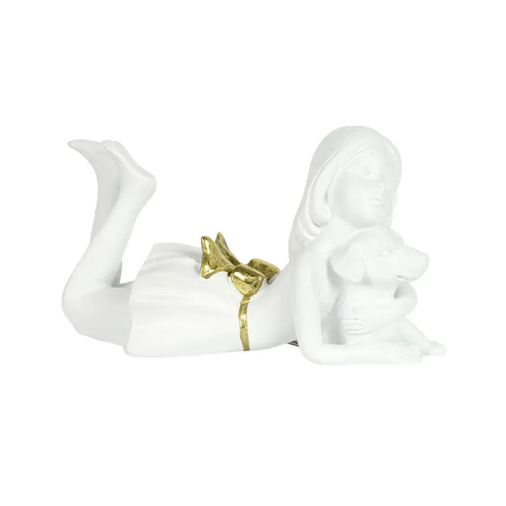 Ornament - Girl with Dog White &amp; Gold - Resin
