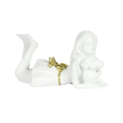 Ornament - Girl with Dog White & Gold - Resin