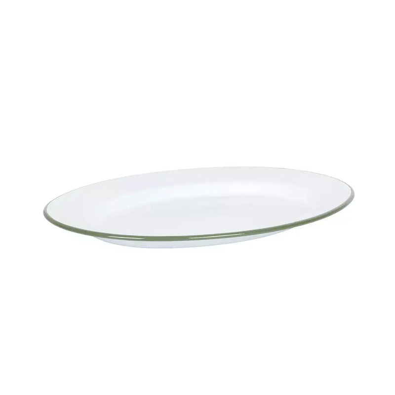 Oval Plate - Enamel White Green Rim 36x28 - Enamel