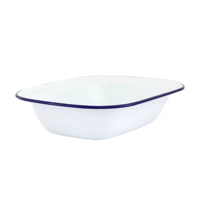Pie Dish -Enamel White Blue Rim 30.5cm - Enamel