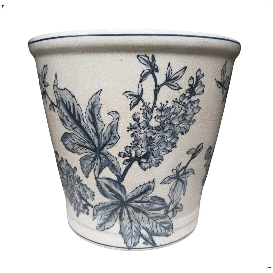 Planter - Ceramic Blue &amp; White Blossoms 22cm - Ceramic