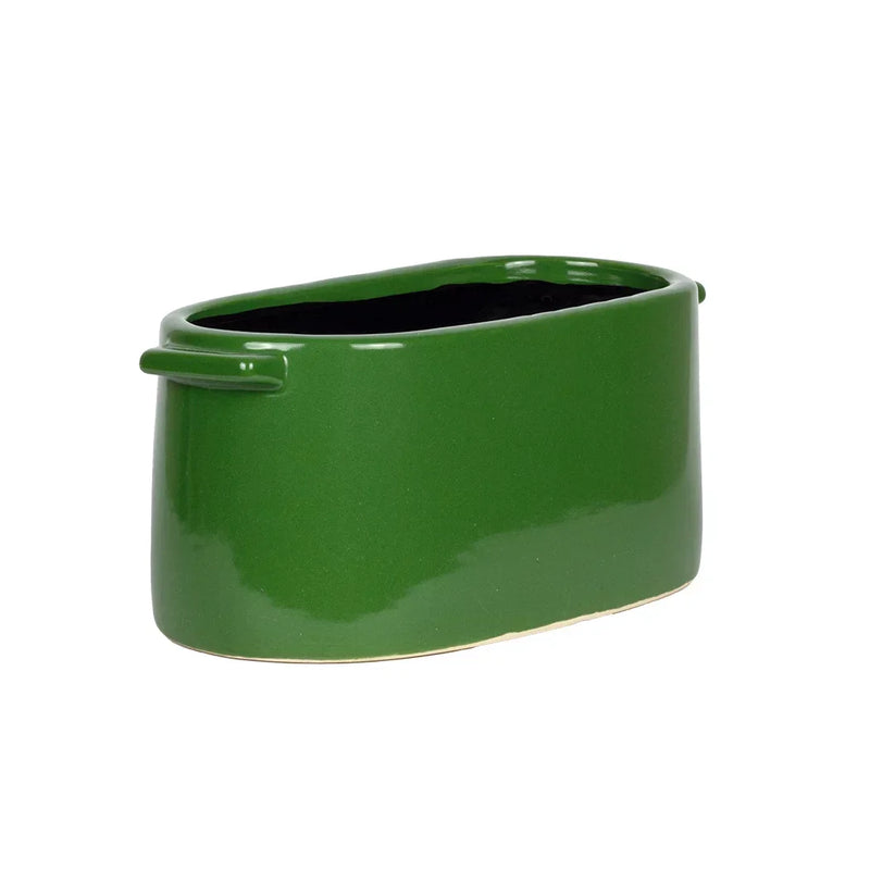 Planter - Ceramic Handled Oval Green Small - Ceramic