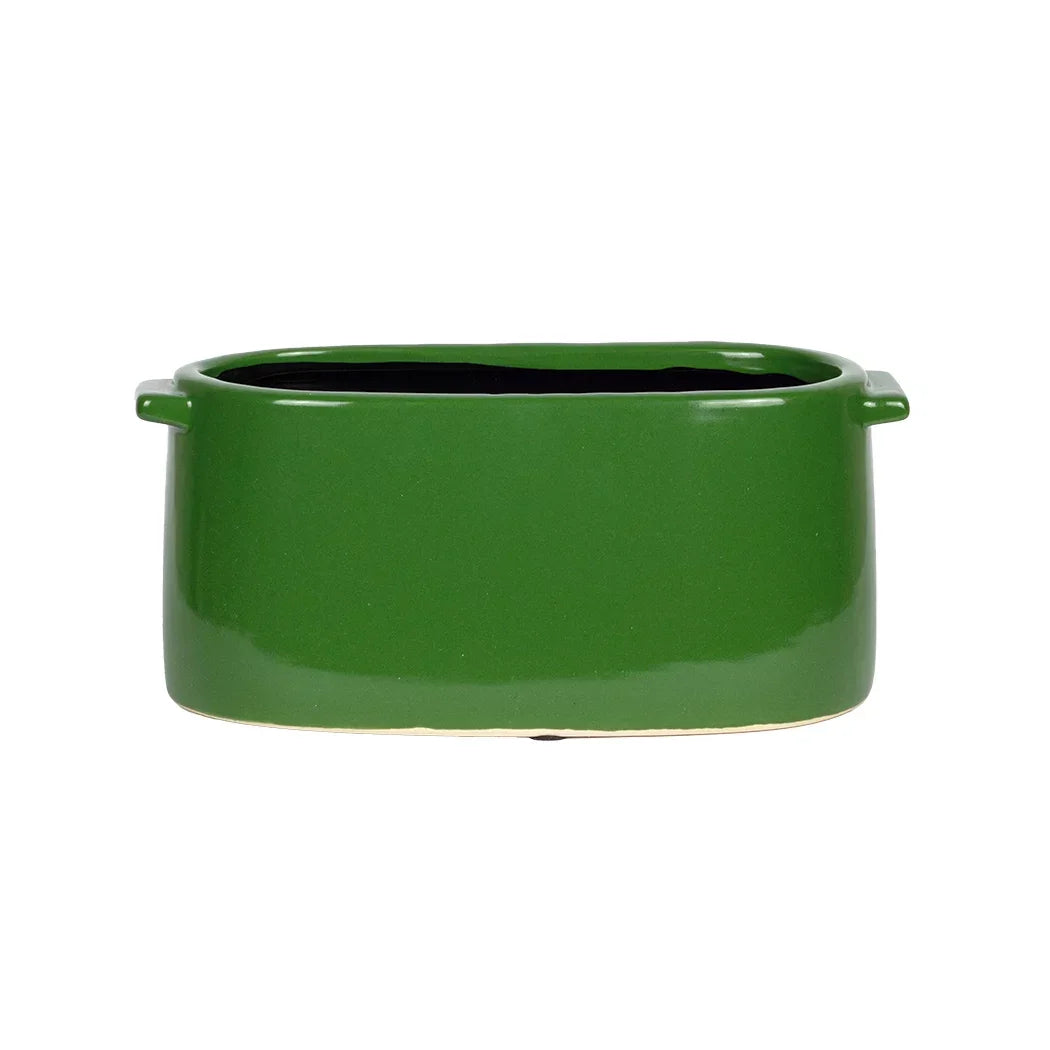 Planter - Ceramic Handled Oval Green Small - Ceramic
