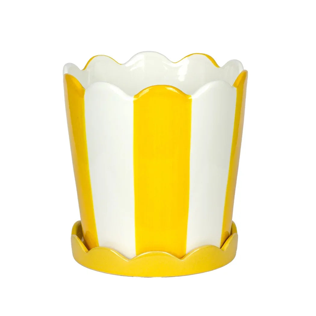 Planter - Scalloped Yellow Stripes with Base - Ceramic
