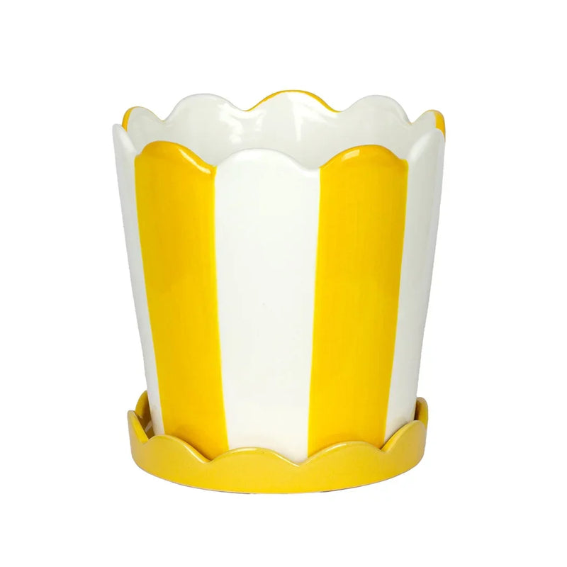 Planter - Scalloped Yellow Stripes with Base - Ceramic