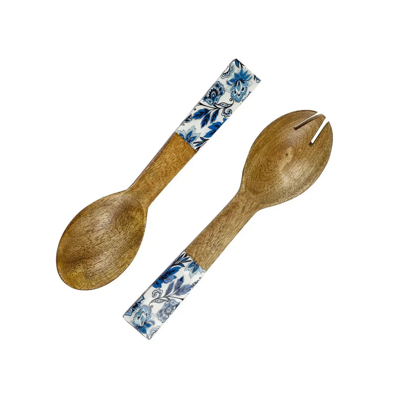 Salad Servers - Wooden Blue Floral Small - Wood