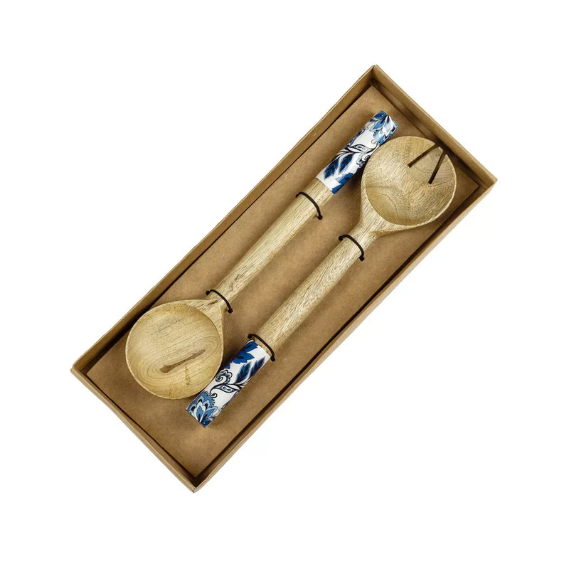 Salad Servers - Wooden Blue Floral - Wood