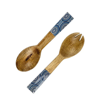 Salad Servers - Wooden Blue Patterned Small - Wood