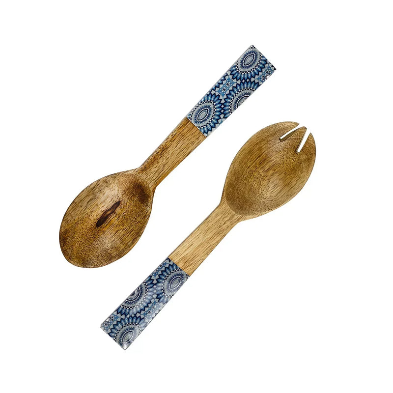 Salad Servers - Wooden Blue Patterned Small - Wood