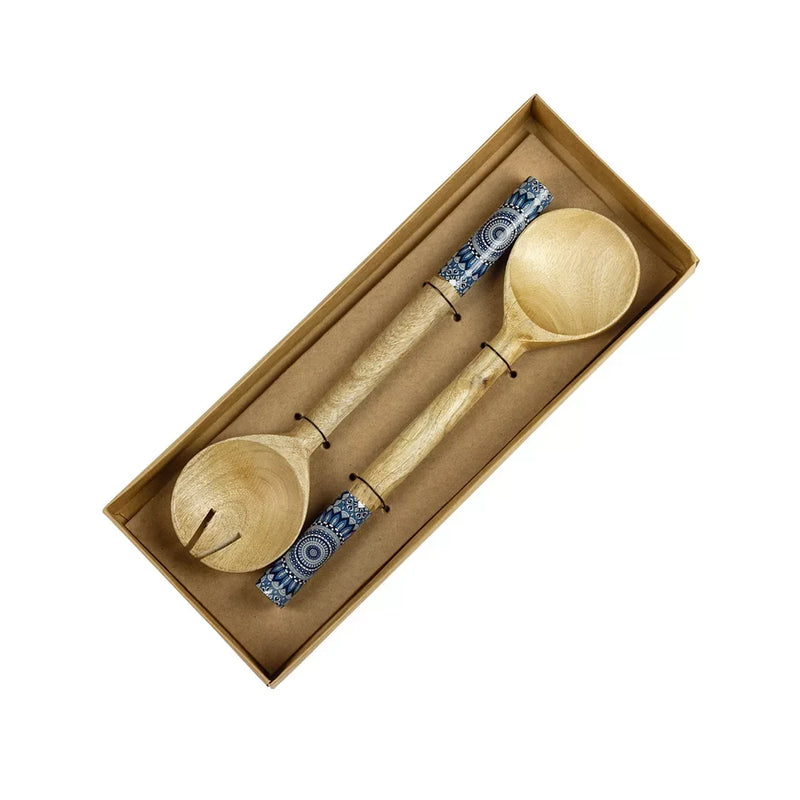 Salad Servers - Wooden Blue Patterned - Wood