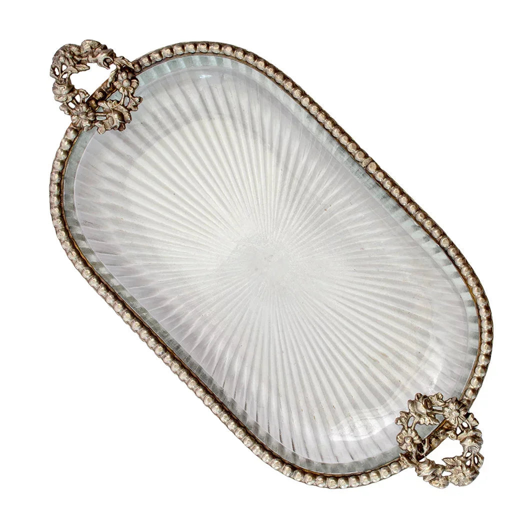 Tray - Beaded Flowers Oblong - Pewter