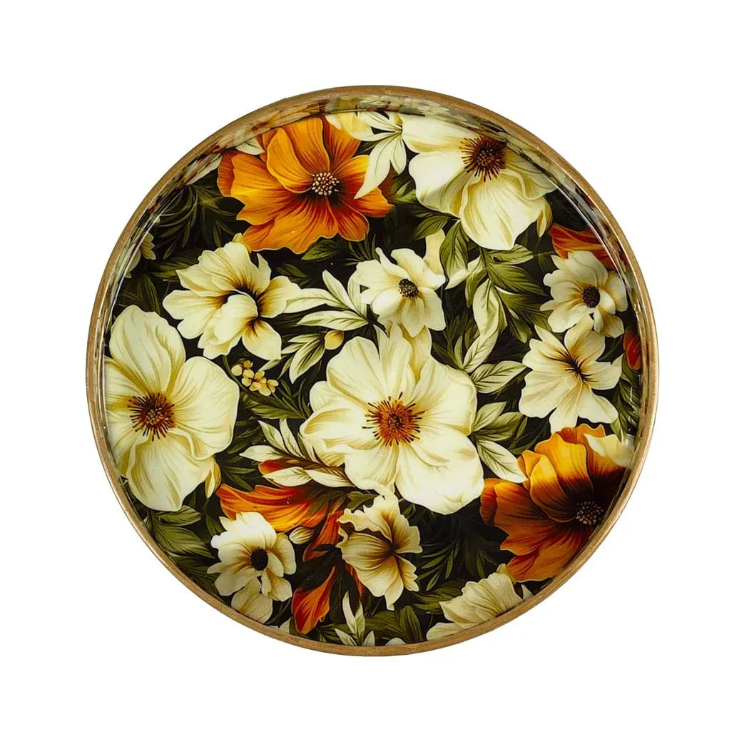 Tray Round - Floral Wood Large - Wood