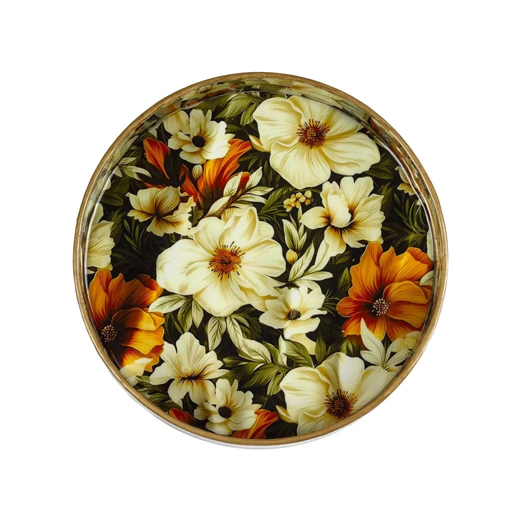 Tray Round - Floral Wood Small - Wood