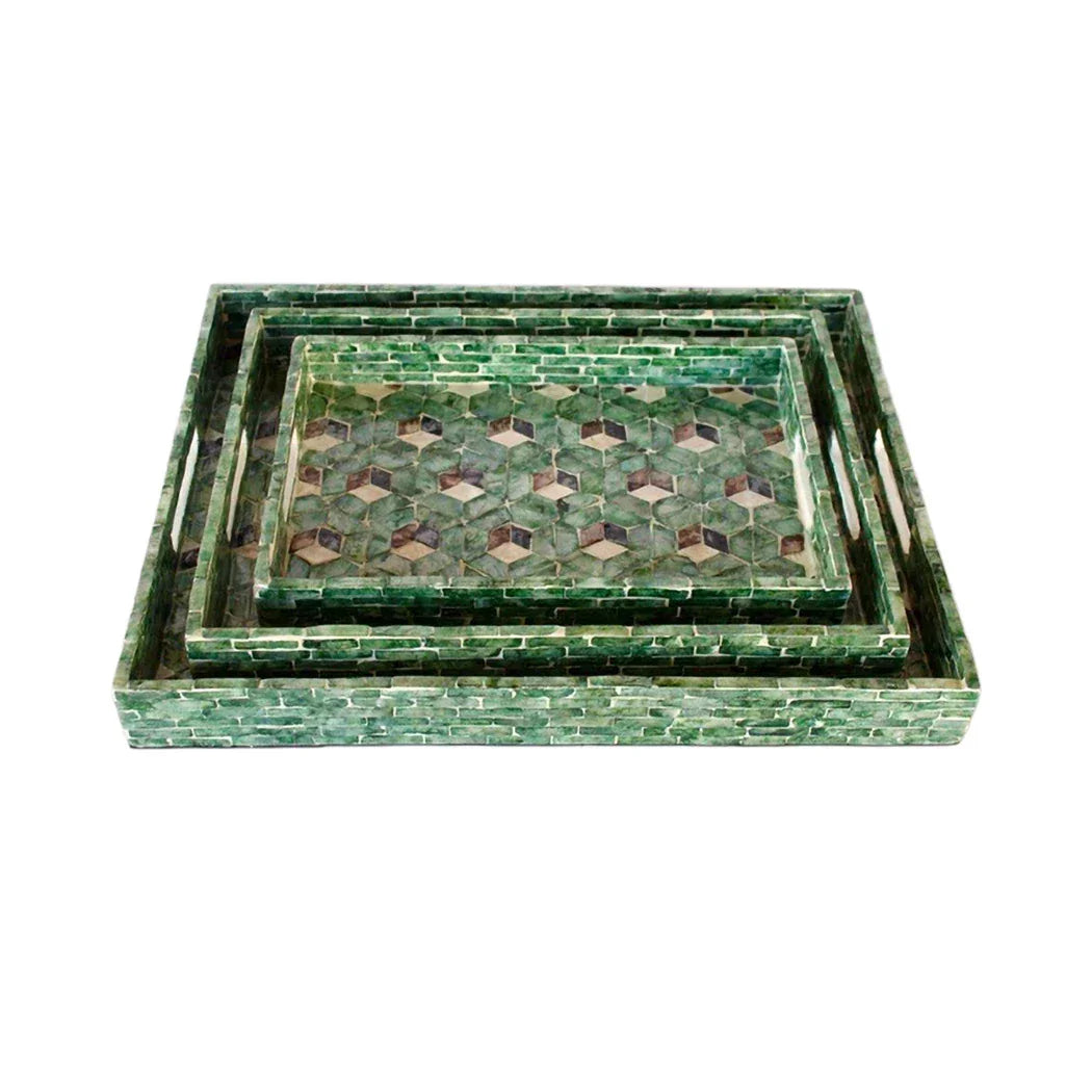 Tray Set of 3 - Green Geometric Squared Capiz - Wood