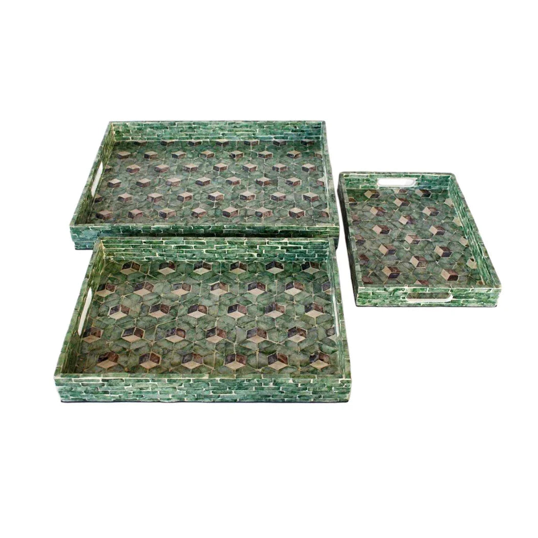 Tray Set of 3 - Green Geometric Squared Capiz - Wood