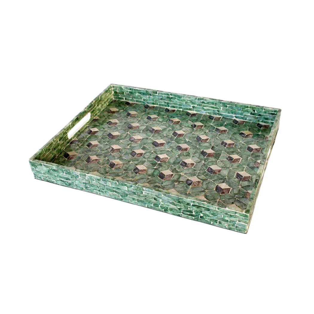 Tray Set of 3 - Green Geometric Squared Capiz - Wood